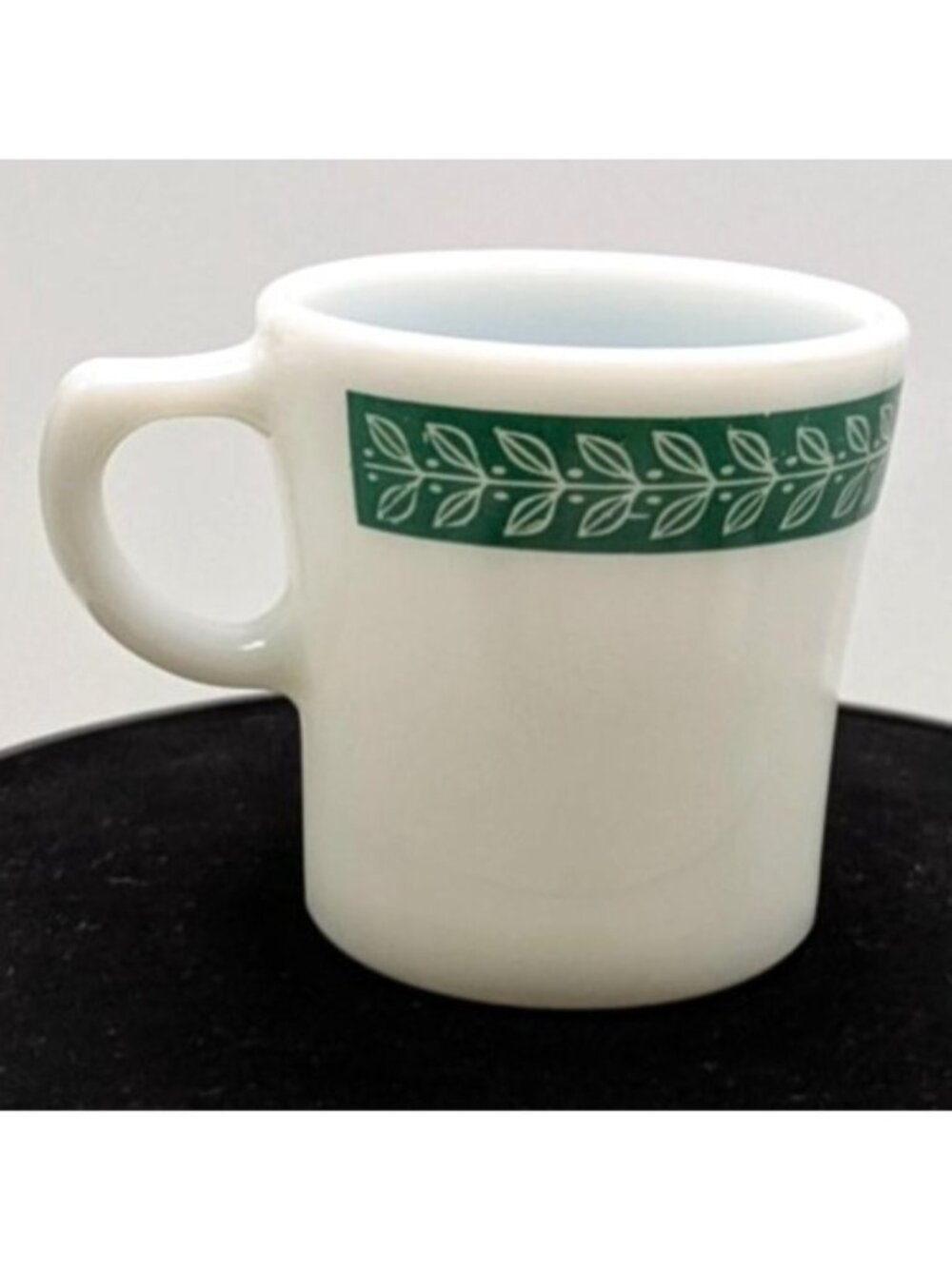 Corning Decor Milk Glass Mug Drinkware Laurel Leaf Green Trim USA Tableware